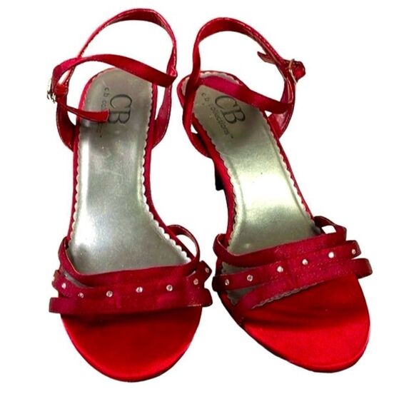 CB Collection Women’s Red Satin Open Toe Ankle Strappy Dress Heels Size 7M Krist - Picture 1 of 11